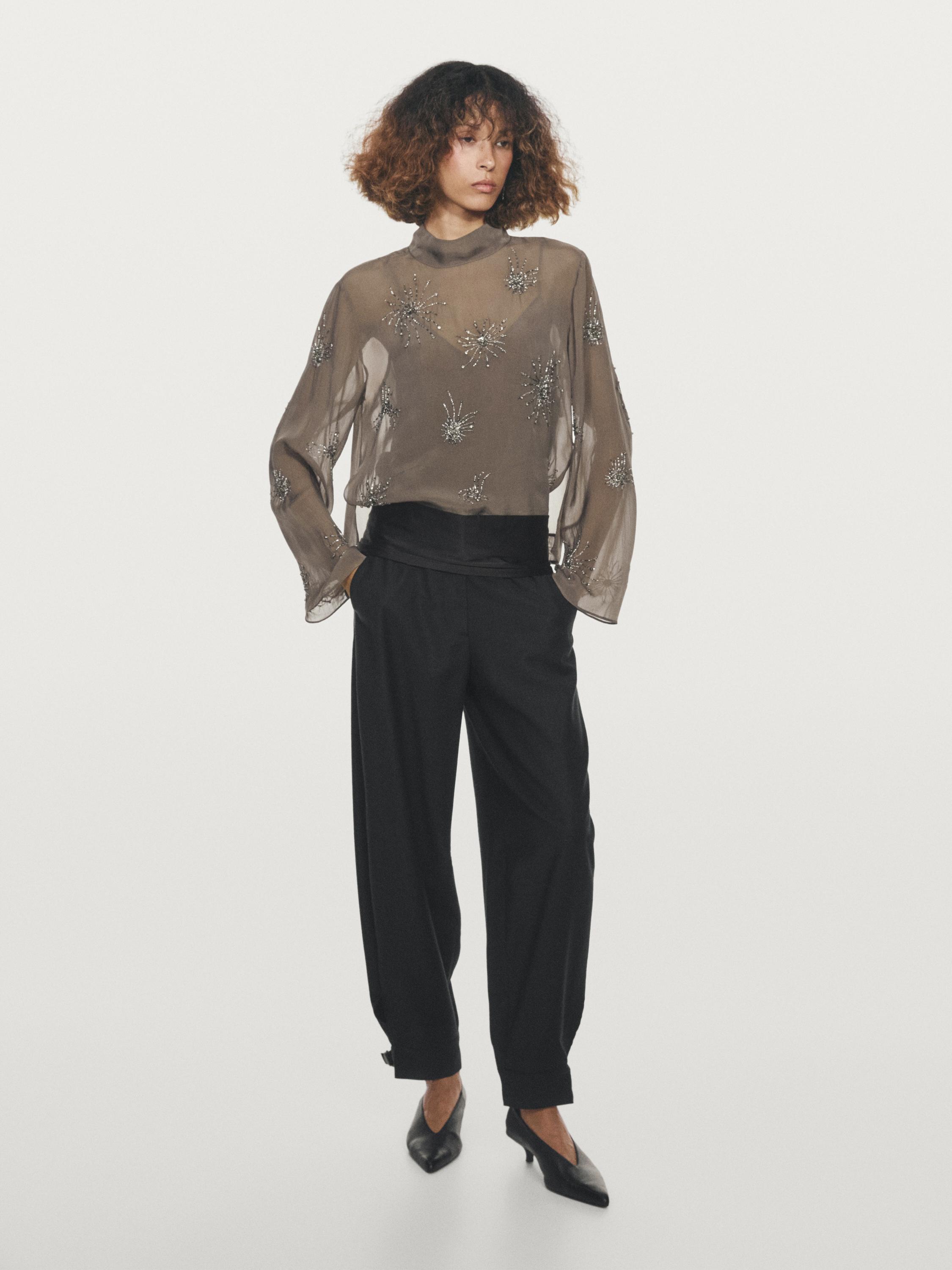 Embroidered semi-sheer blouse